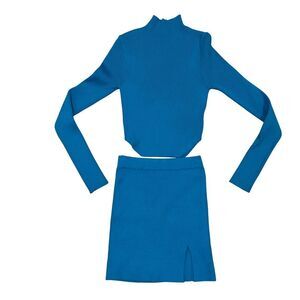 Klesis Ribbed Knit 2pc Set Blue Mock Neck Long Sleeve Crop Top Mini Skirt Slit S